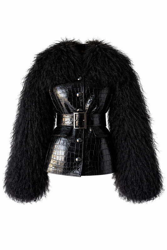 Black Croc-embossed Leather & Mongolian Lamb Jacket | FGM Bespoke