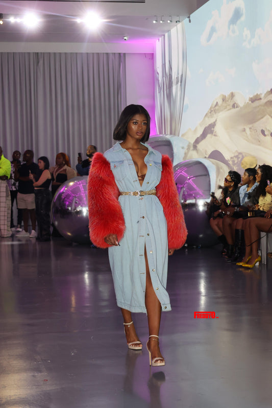 FGM Bespoke Denim Trench With Furry Confetti Colored Sleeves