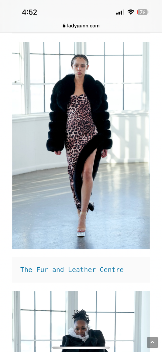 Leopard Print Fitted Dress with Fox Fur Trim on Slit