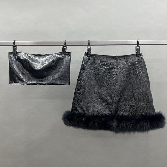 Distressed Leather Fox Trim Skirt With Top Set