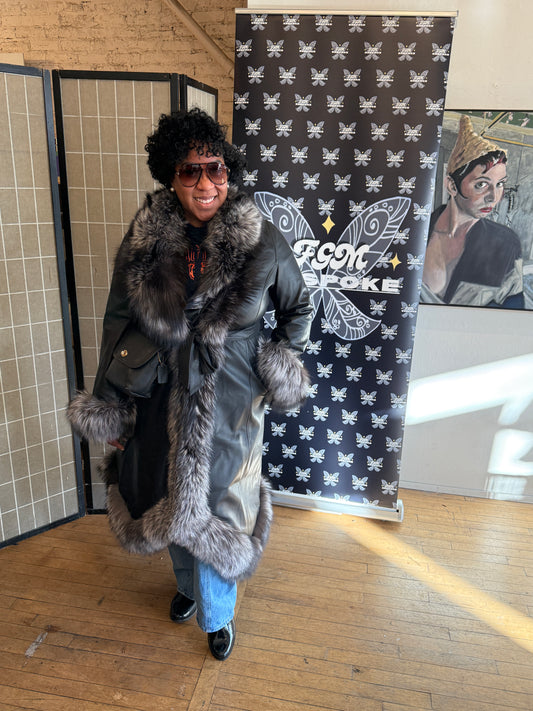 Leather Overcoat with Silver Fox Fur Trim