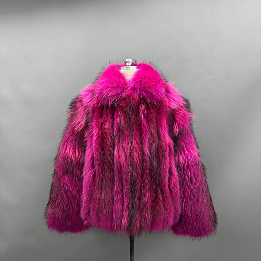 Hot pink fox fur statement jacket on display