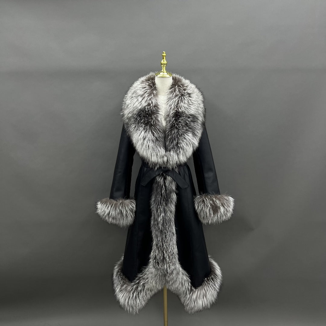 Leather Overcoat with Silver Fox Fur Trim
