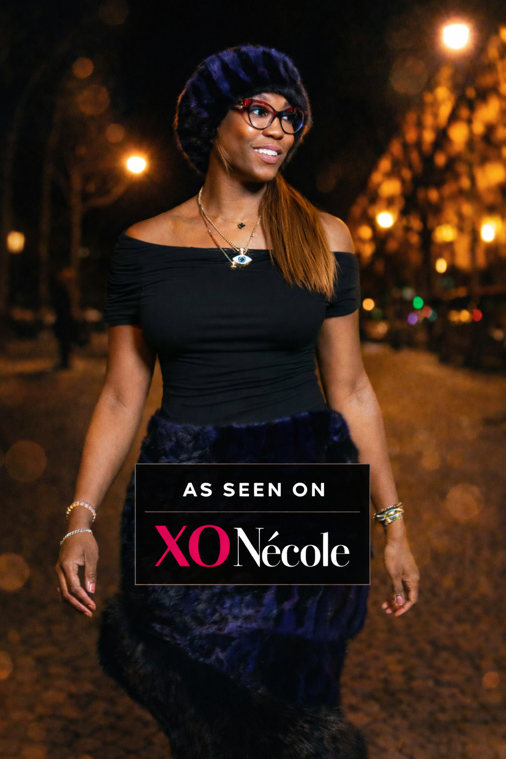 The Furry Godmother in FGM Bespoke navy fur skirt and beret as seen on xoNecole