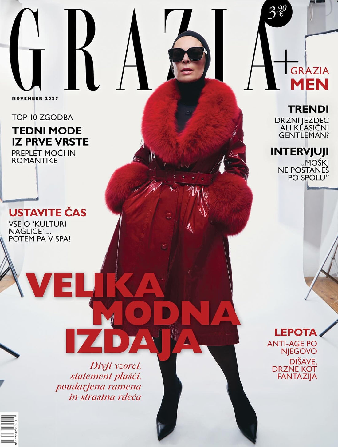 FGM Bespoke red patent and red fox fur coat on the cover of Grazia Slovenia November 2025