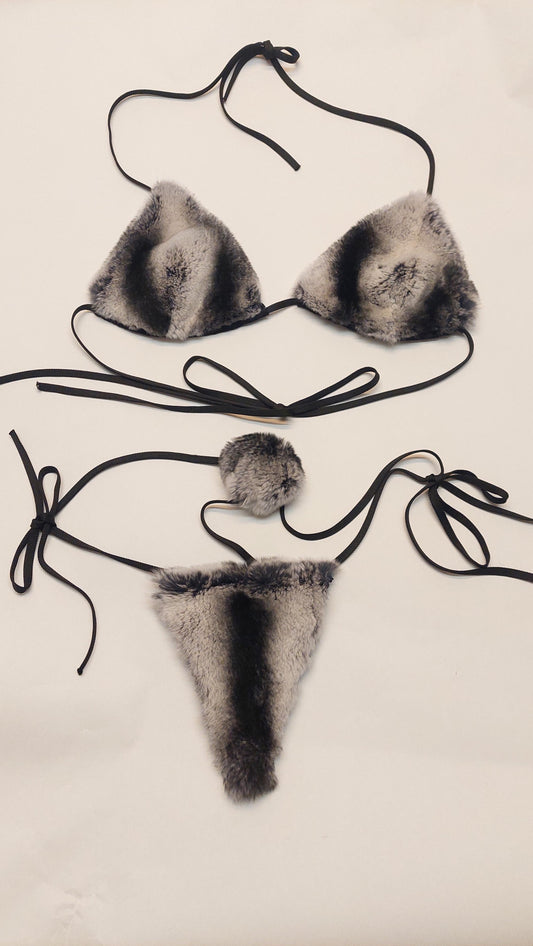 FGM Bespoke Rex-Chilla gray and black fur bikini set flat lay with triangle top, thong-style bottom and black ties