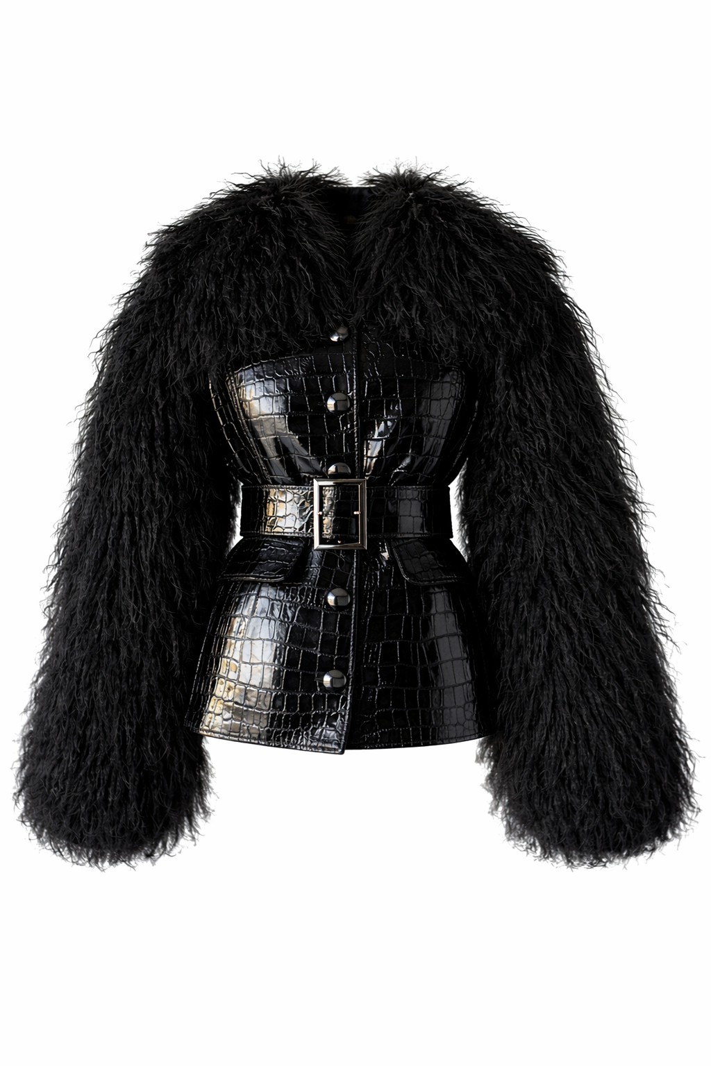 Black Croc-embossed Leather & Mongolian Lamb Jacket | FGM Bespoke
