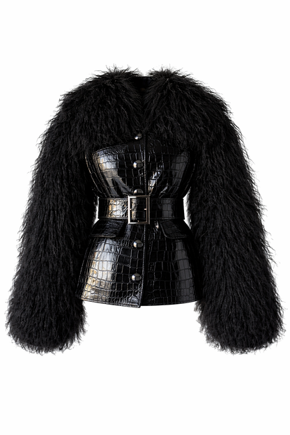 Black Croc-embossed Leather & Mongolian Lamb Jacket | FGM Bespoke
