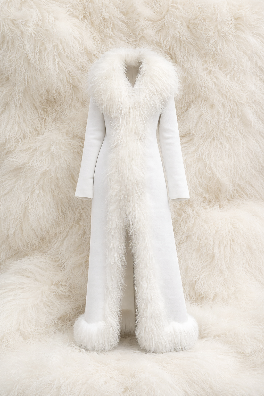 White Full-Length Fur Trim Coat for Women