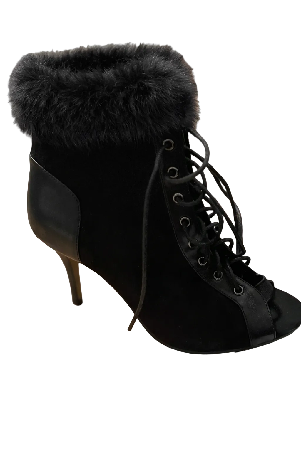 Black Fur Lace Up Open Toe Heel Boot