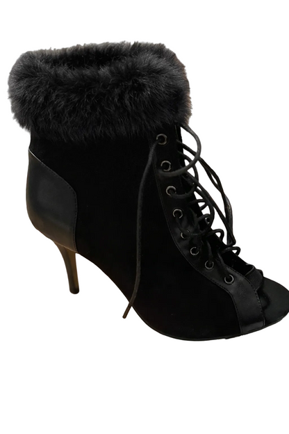 Black Fur Lace Up Open Toe Heel Boot