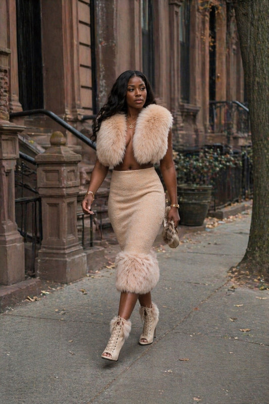 Champagne Fox Fur Trimmed Two-Piece Set