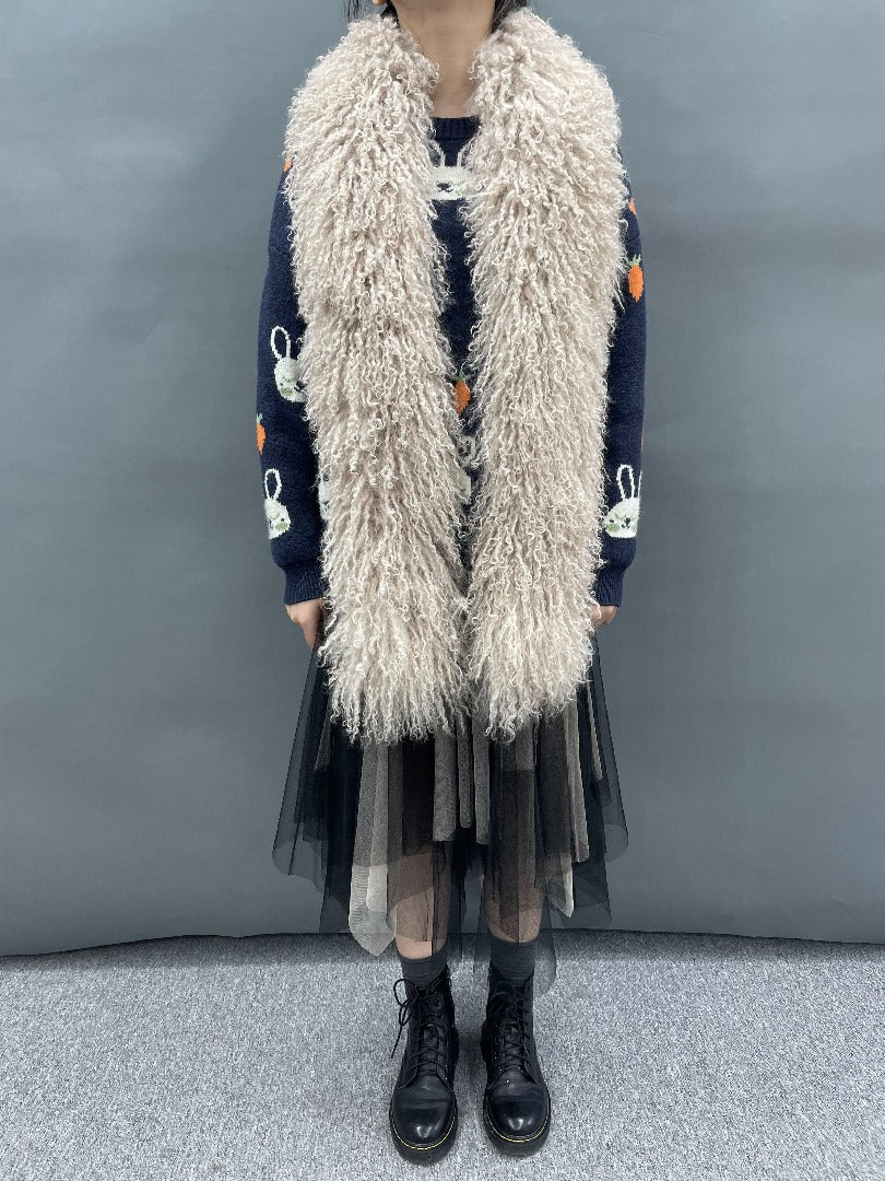 Long Mongolian Lamb Stole (Beige)