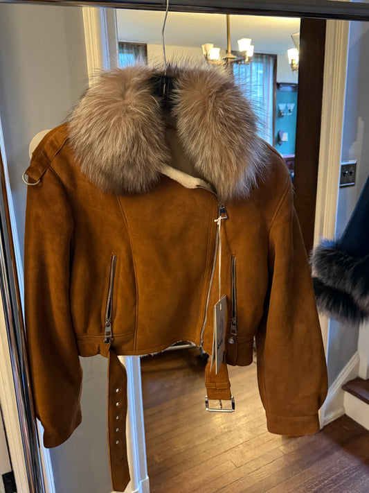 Cognac Shearling Moto Jacket with Natural Fox Collar