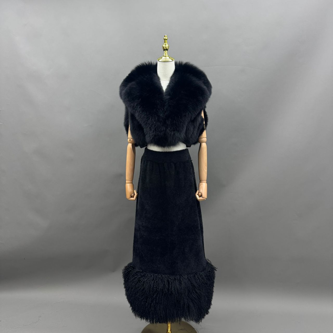 Black Fox Fur Trimmed Two-Piece Set