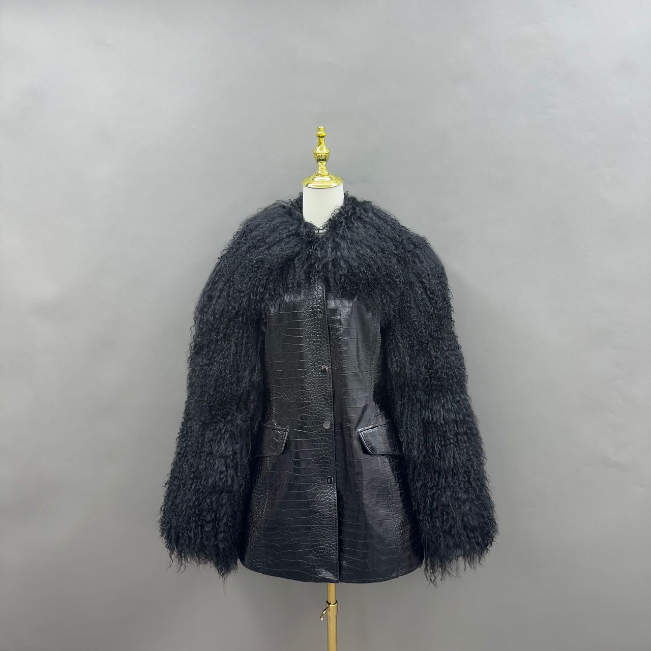 Black Croc-embossed Leather & Mongolian Lamb Jacket | FGM Bespoke