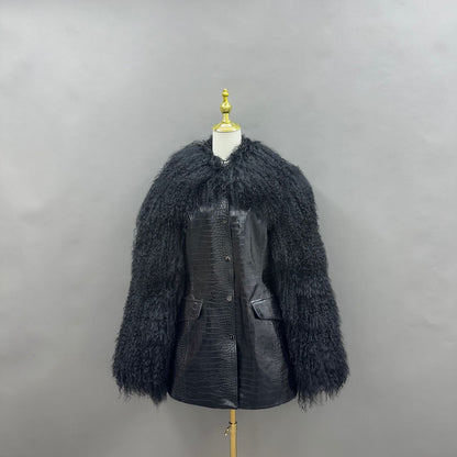 Black Croc-embossed Leather & Mongolian Lamb Jacket | FGM Bespoke