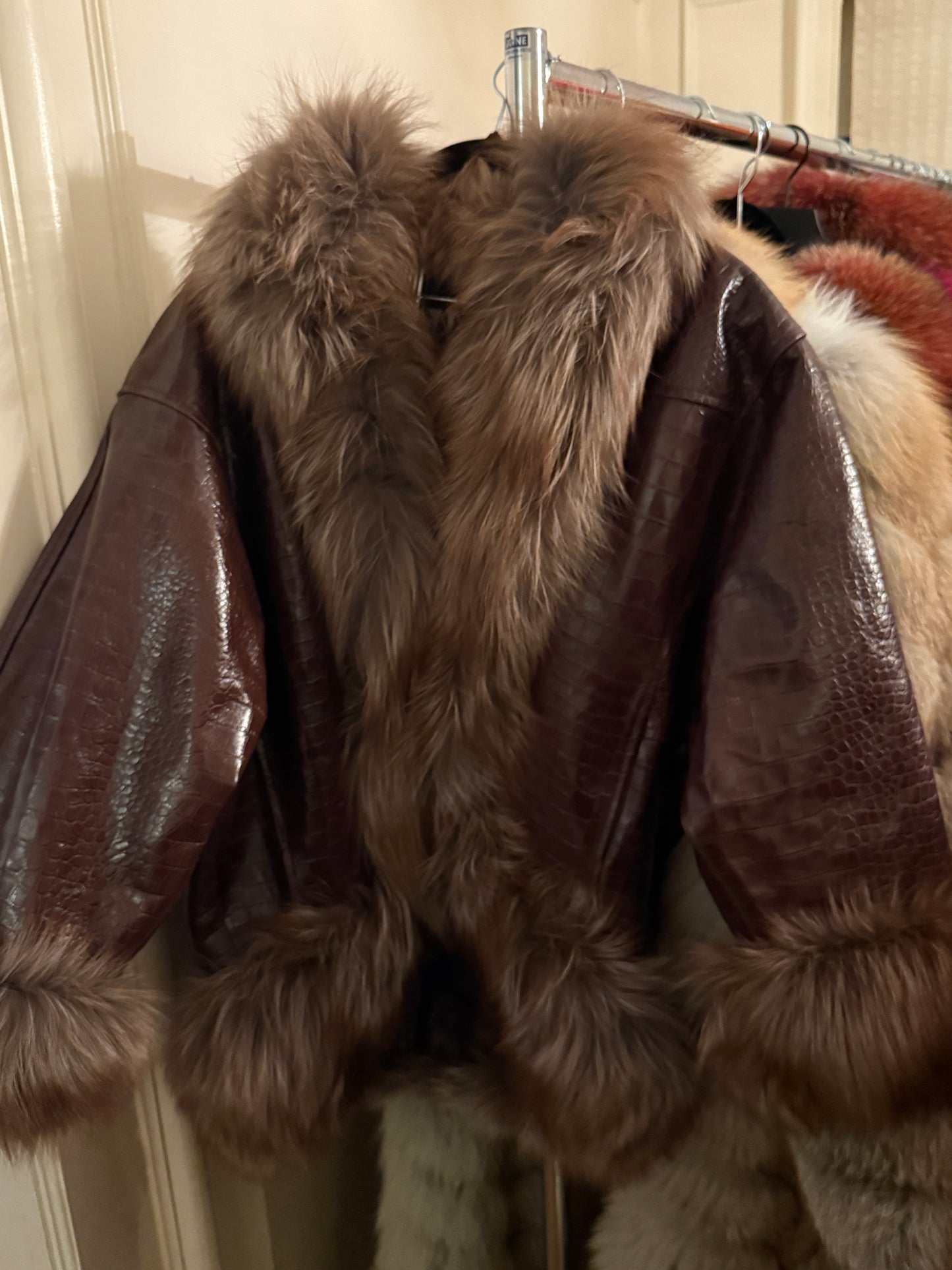 Brown Crocodile-embossed Leather & Golden Isle Fox Coat | FGM Bespoke