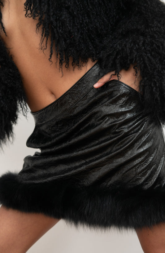 Distressed Leather Fox Trim Skirt With Top Set
