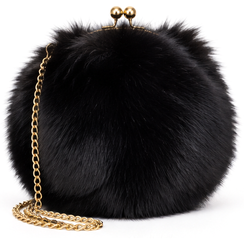 Round fur clutch in jet black with gold-tone hardware
