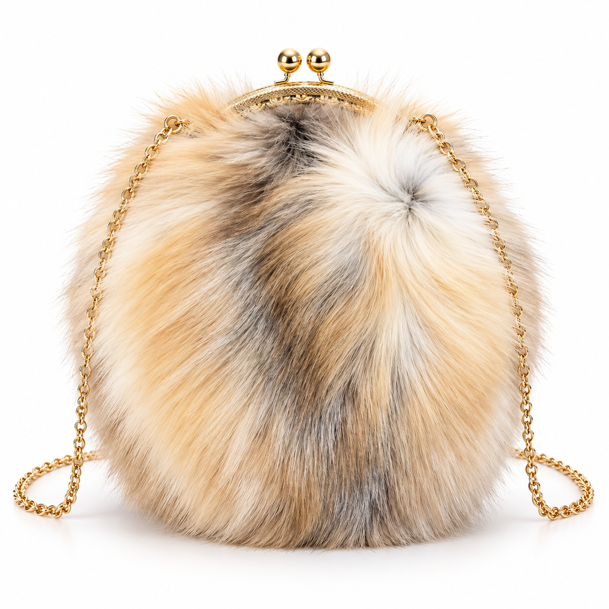 Round fur clutch in natural multitone cream tan and gray with gold-tone hardware