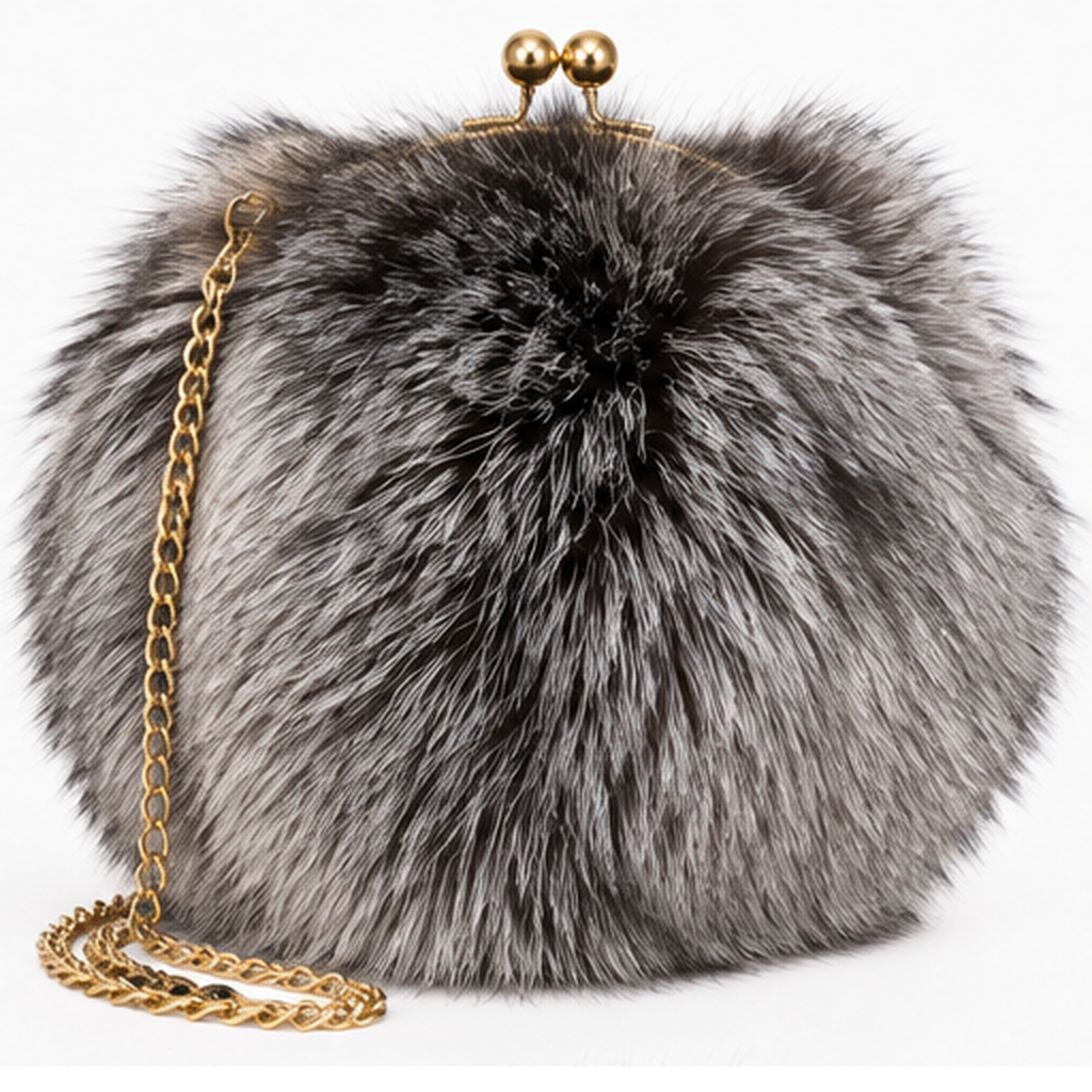Round fur clutch in silver gray with gold-tone hardware