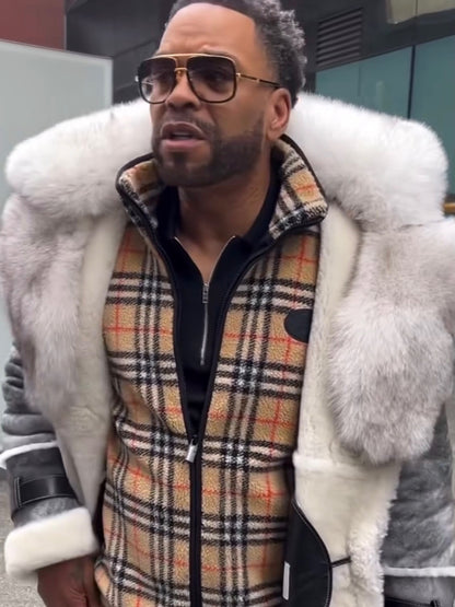 Men’s Luxury Shearling Coat with Oversized Fox Fur Collar – Grey & White