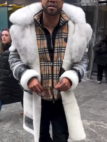 Men’s Luxury Shearling Coat with Oversized Fox Fur Collar – Grey & White