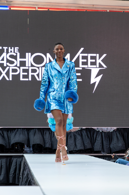 FGM Bespoke Sequin Blazer Dress with Fox Trim Fur