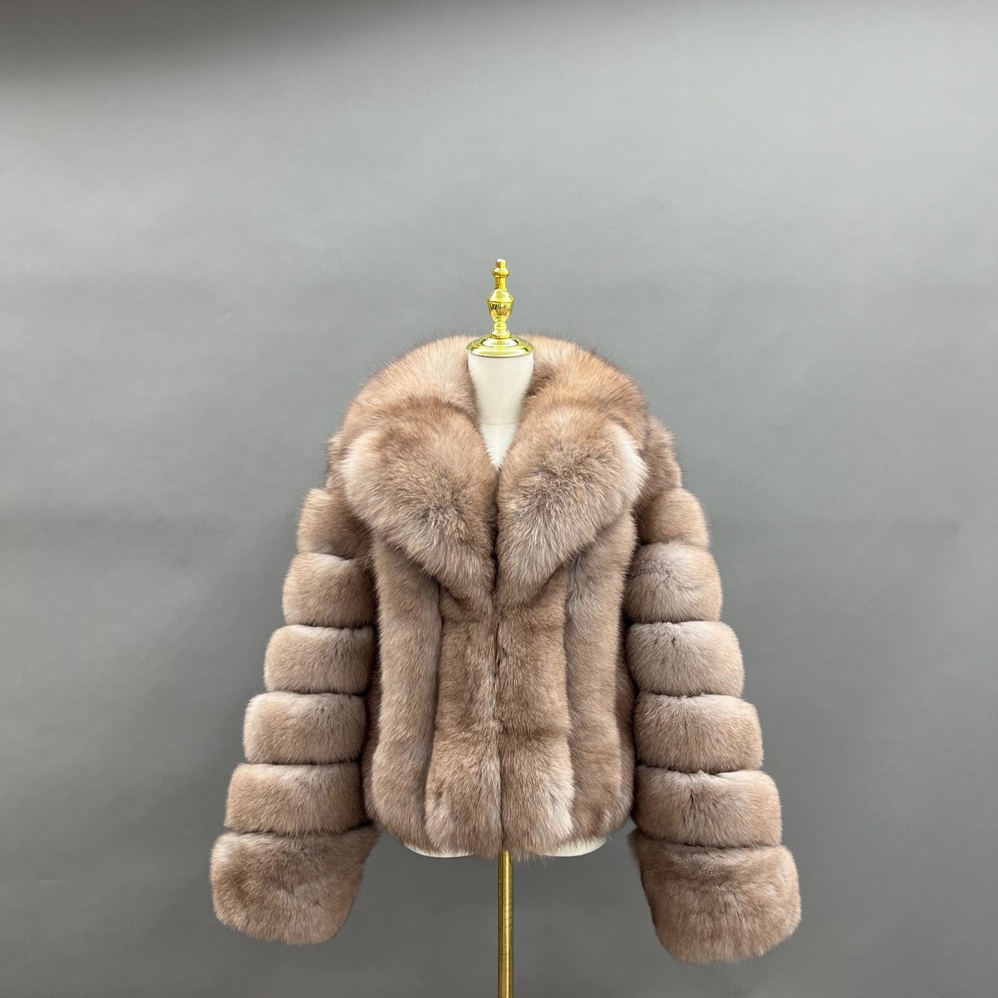 Champagne fox fur statement jacket with oversized shawl collar and sculpted sleeves