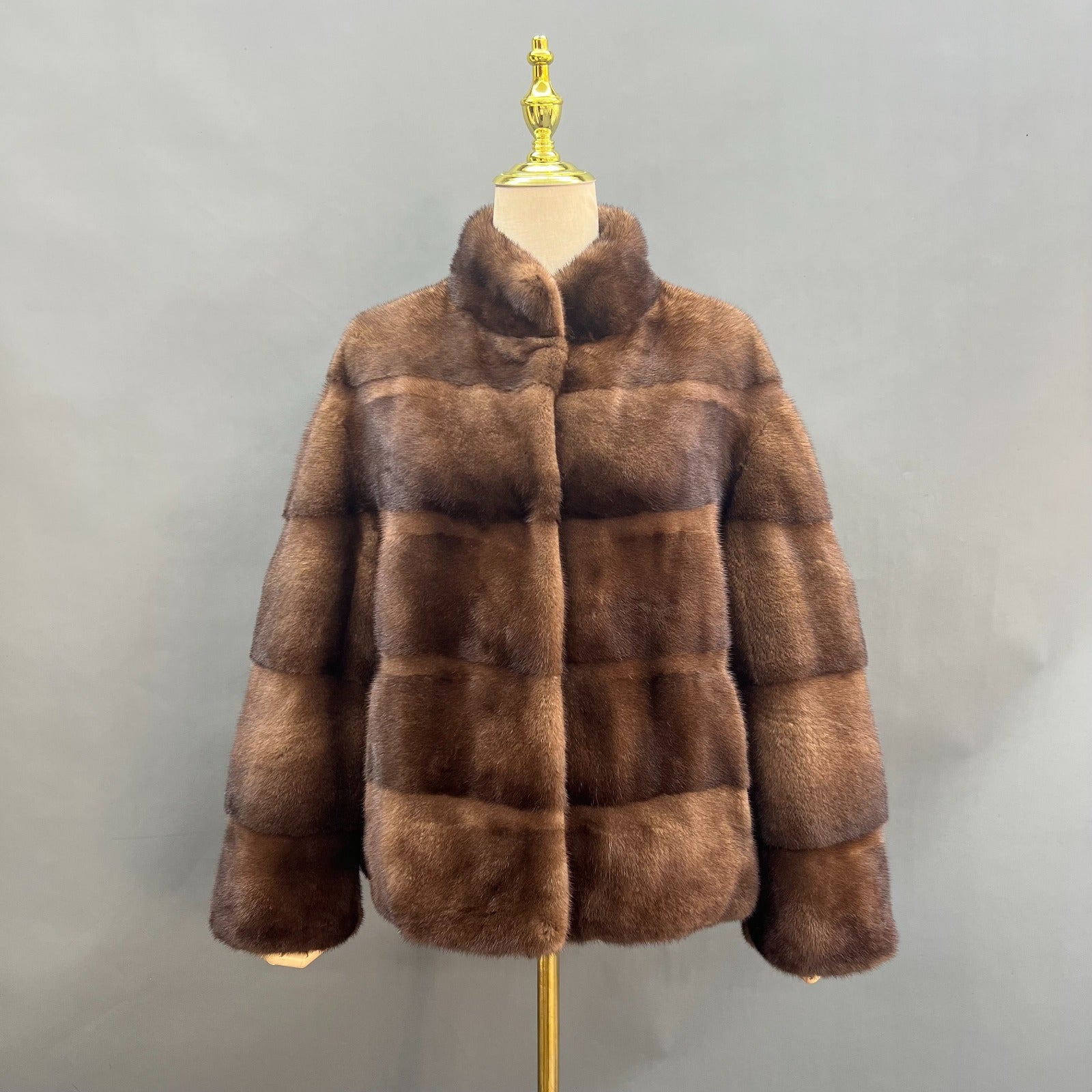 Chocolate horizontal mink jacket with stand collar