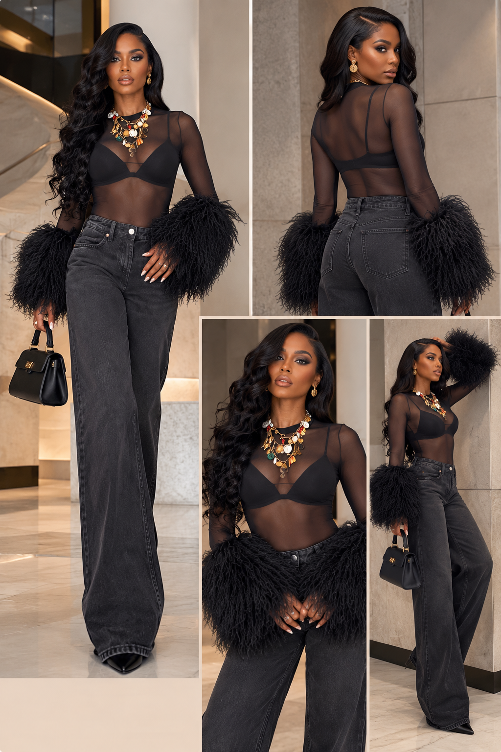 FGM Bespoke sheer mesh top with dramatic black textured cuffs, black colorway editorial concept on fashion model