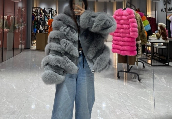 Gray oversized fox fur jacket, original product photo
