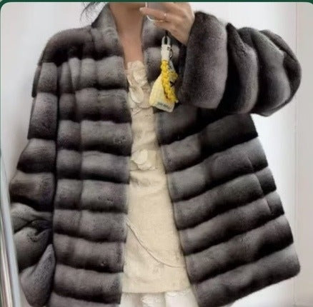 Silver shadow striped mink coat, original product photo
