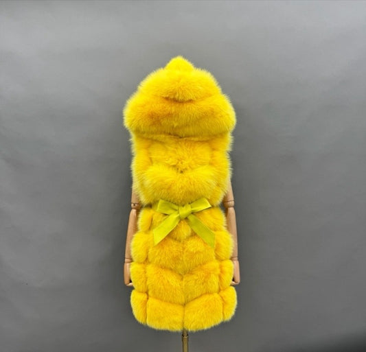 Sunshine yellow hooded fox fur vest, original product photo