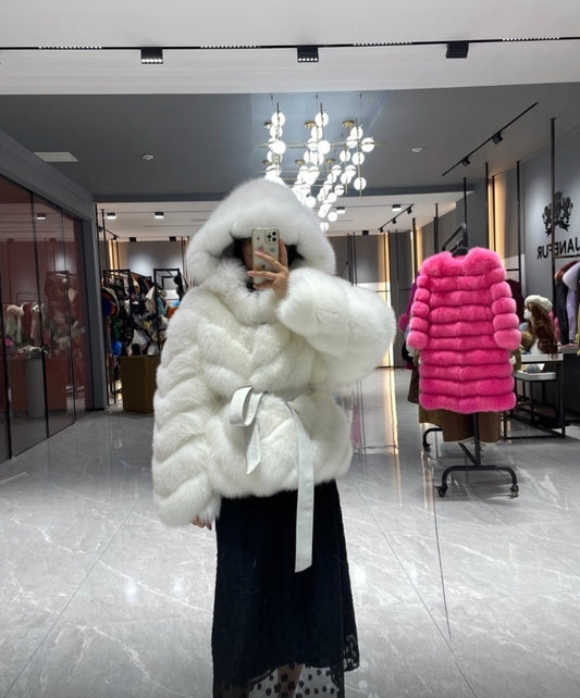 Winter white hooded luxury coat, original product photo