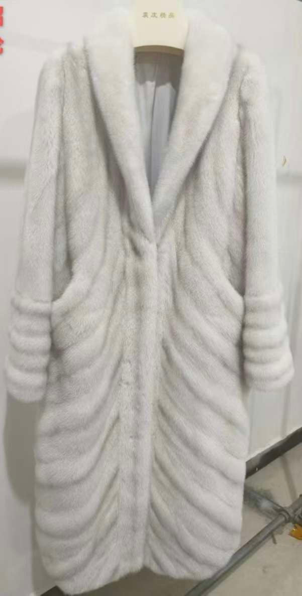 Pearl silver sculpted full length mink coat with shawl collar