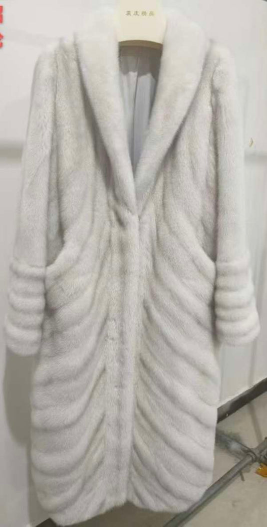 Pearl silver sculpted full length mink coat with shawl collar