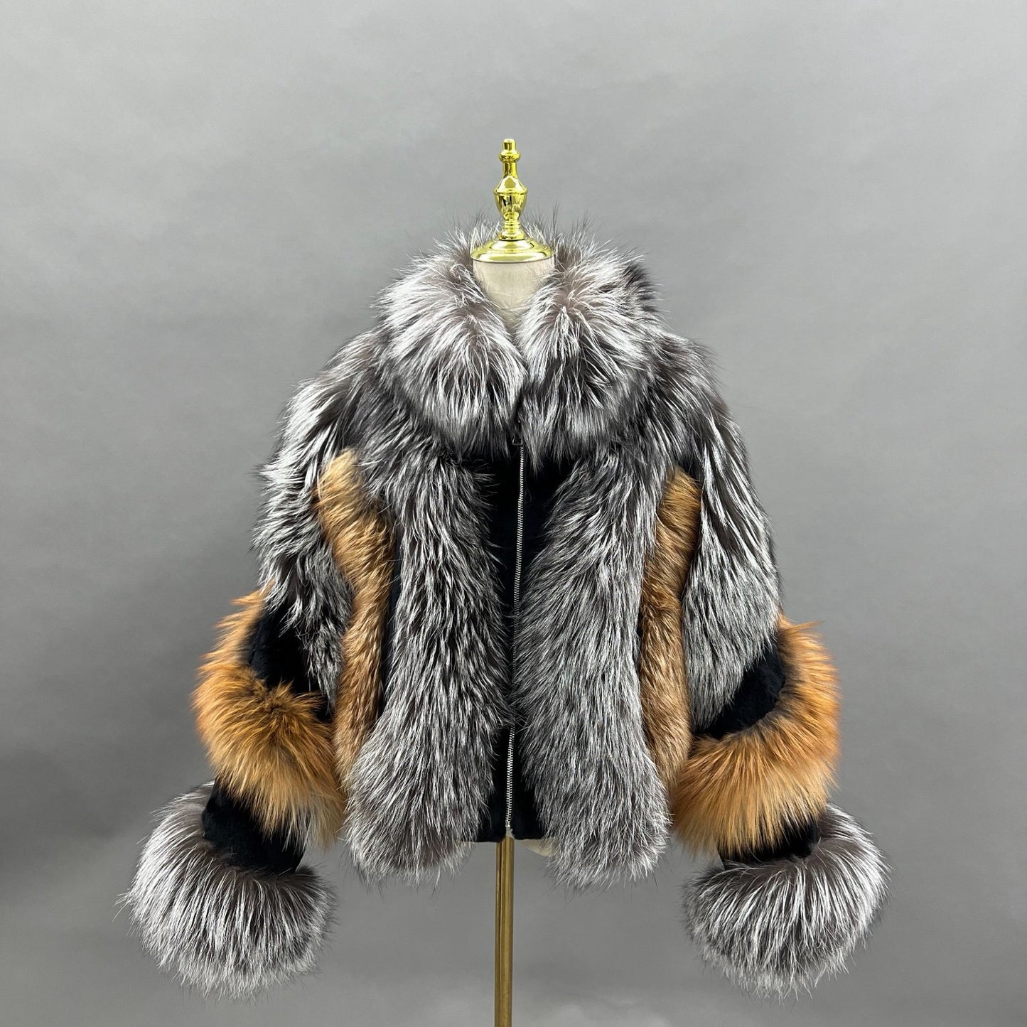 FGM Bespoke Silver Flame fox fur jacket in silver black and golden tones