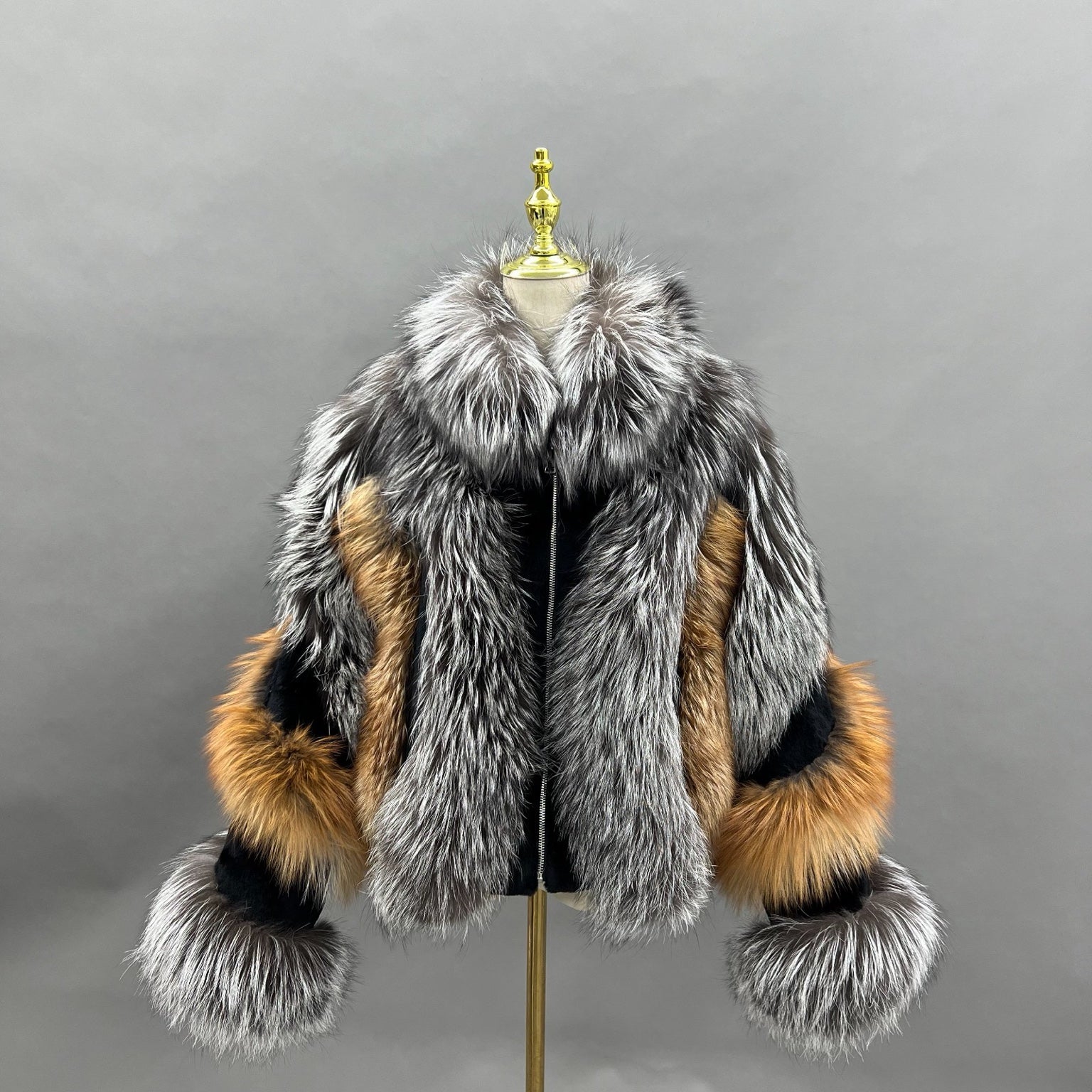 FGM Bespoke Silver Flame fox fur jacket in silver black and golden tones