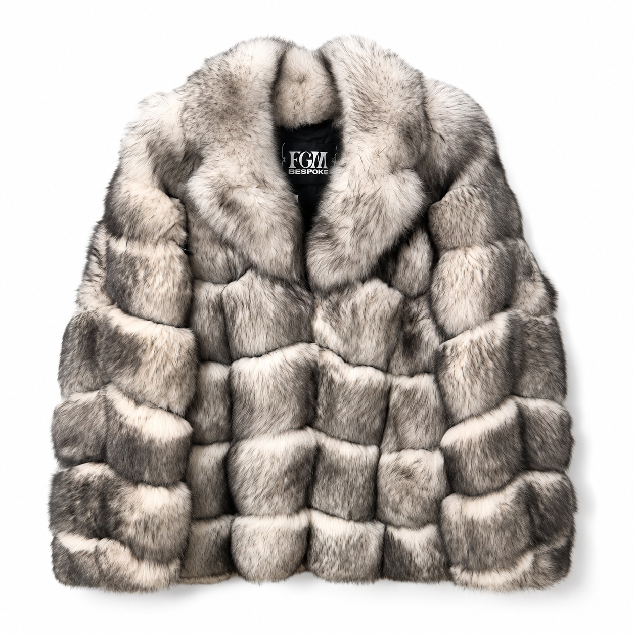 FGM Bespoke Silver Shadow Fur Jacket in silver, ivory and charcoal
