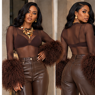FGM Bespoke chocolate brown sheer mesh dramatic cuff top front and back styling concept