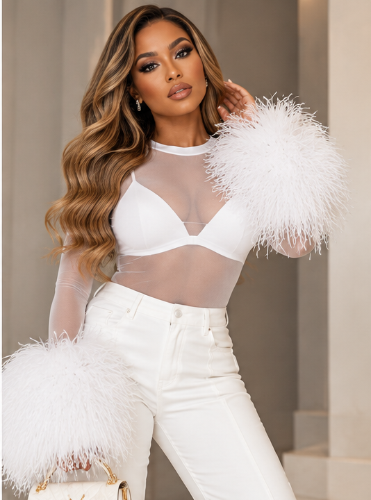 FGM Bespoke white sheer mesh long sleeve statement cuff top on model, lookbook concept