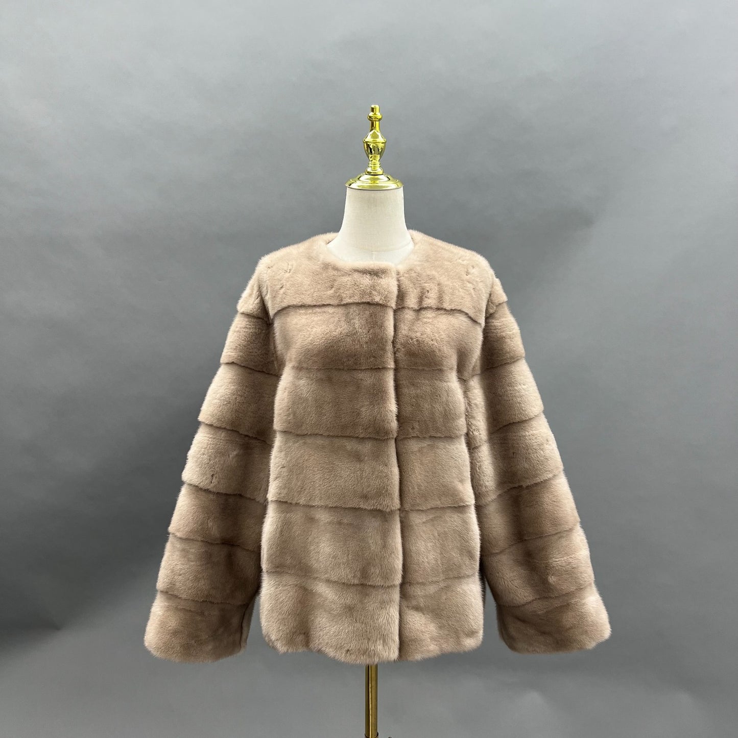 Taupe horizontal mink jacket with collarless neckline