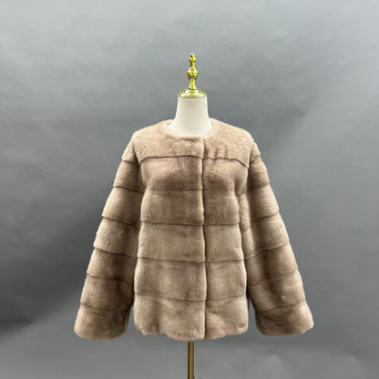Taupe horizontal mink jacket with collarless neckline