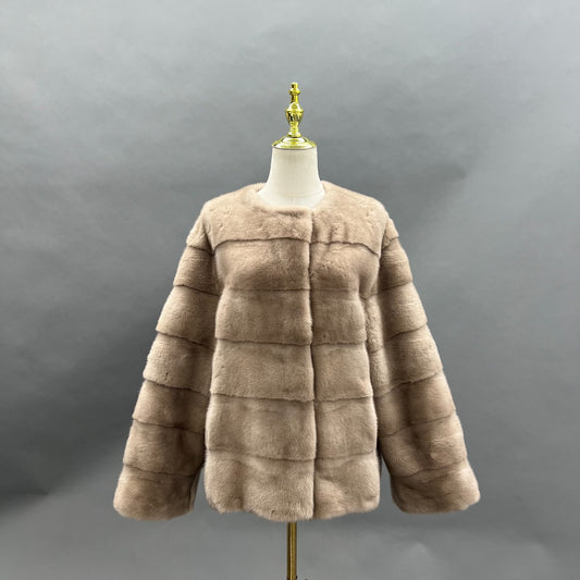 Taupe horizontal mink jacket with collarless neckline