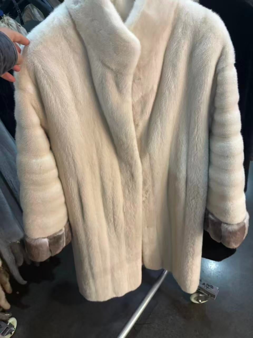 Winter white mink coat with soft taupe contrast cuffs