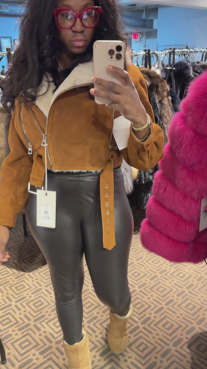 Cognac Shearling Moto Jacket with Natural Fox Collar