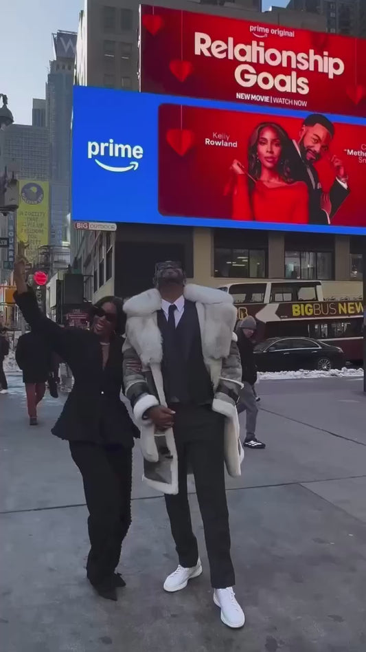 Men’s Luxury Shearling Coat with Oversized Fox Fur Collar – Grey & White