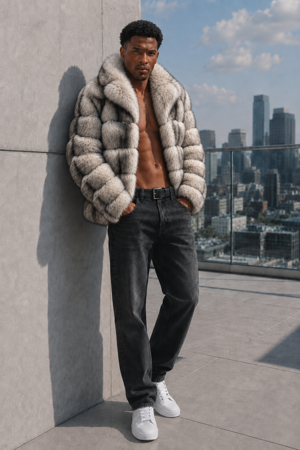 Male model wearing the FGM Bespoke Silver Shadow fur jacket